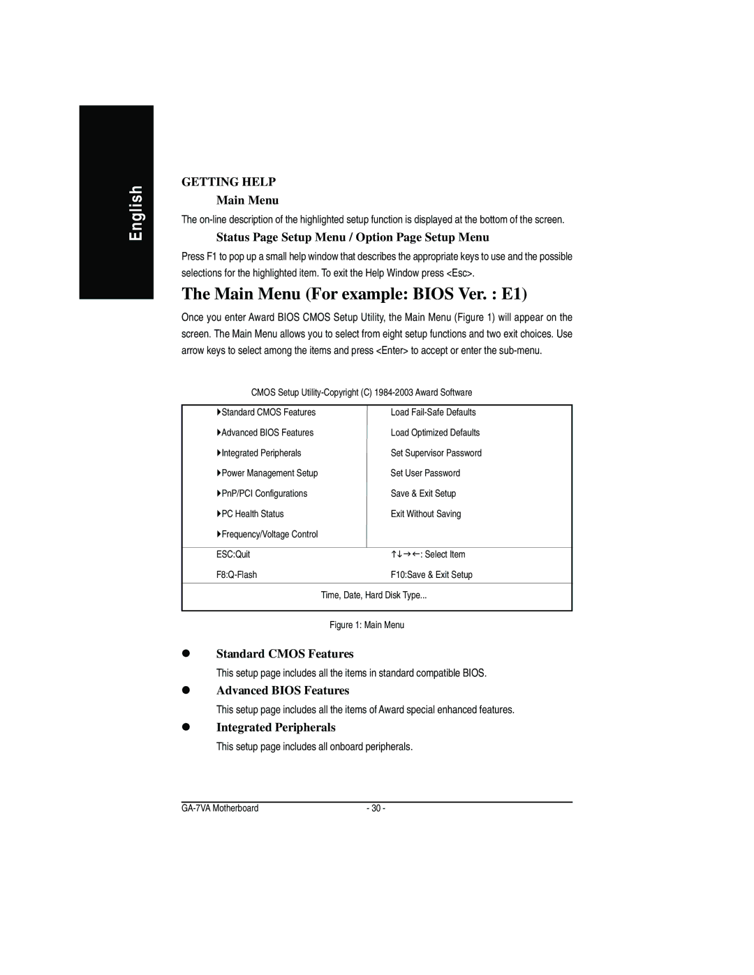 Gigabyte GA-7VA manual Main Menu For example Bios Ver. E1 