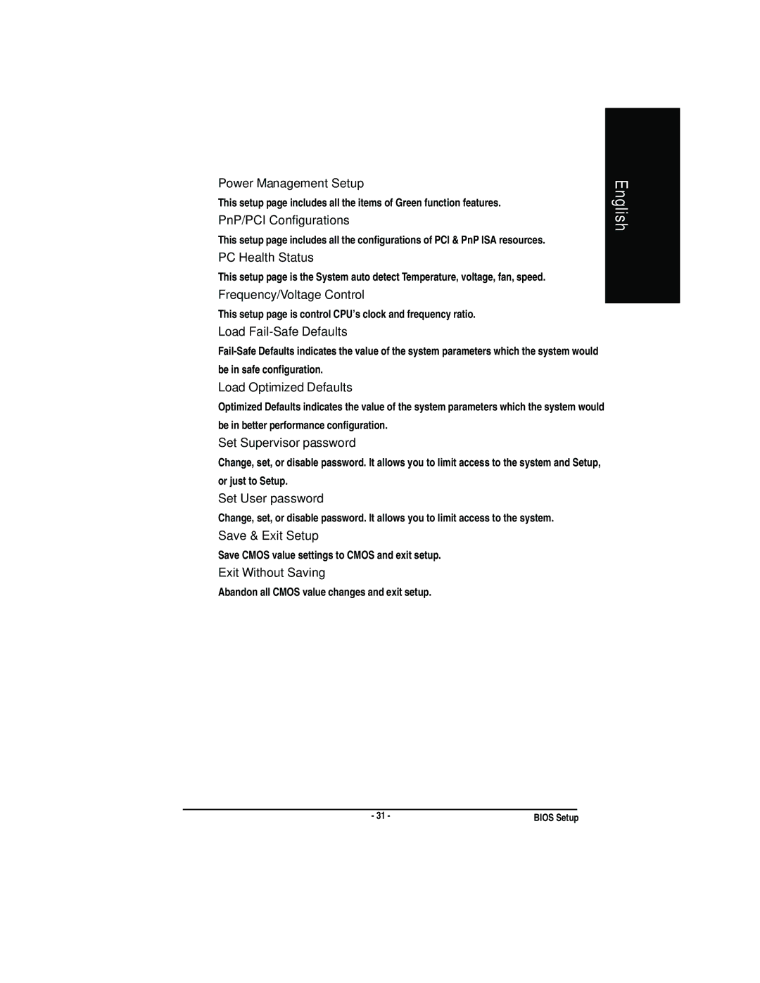 Gigabyte GA-7VA manual Power Management Setup, PnP/PCI Configurations, PC Health Status, Frequency/Voltage Control 