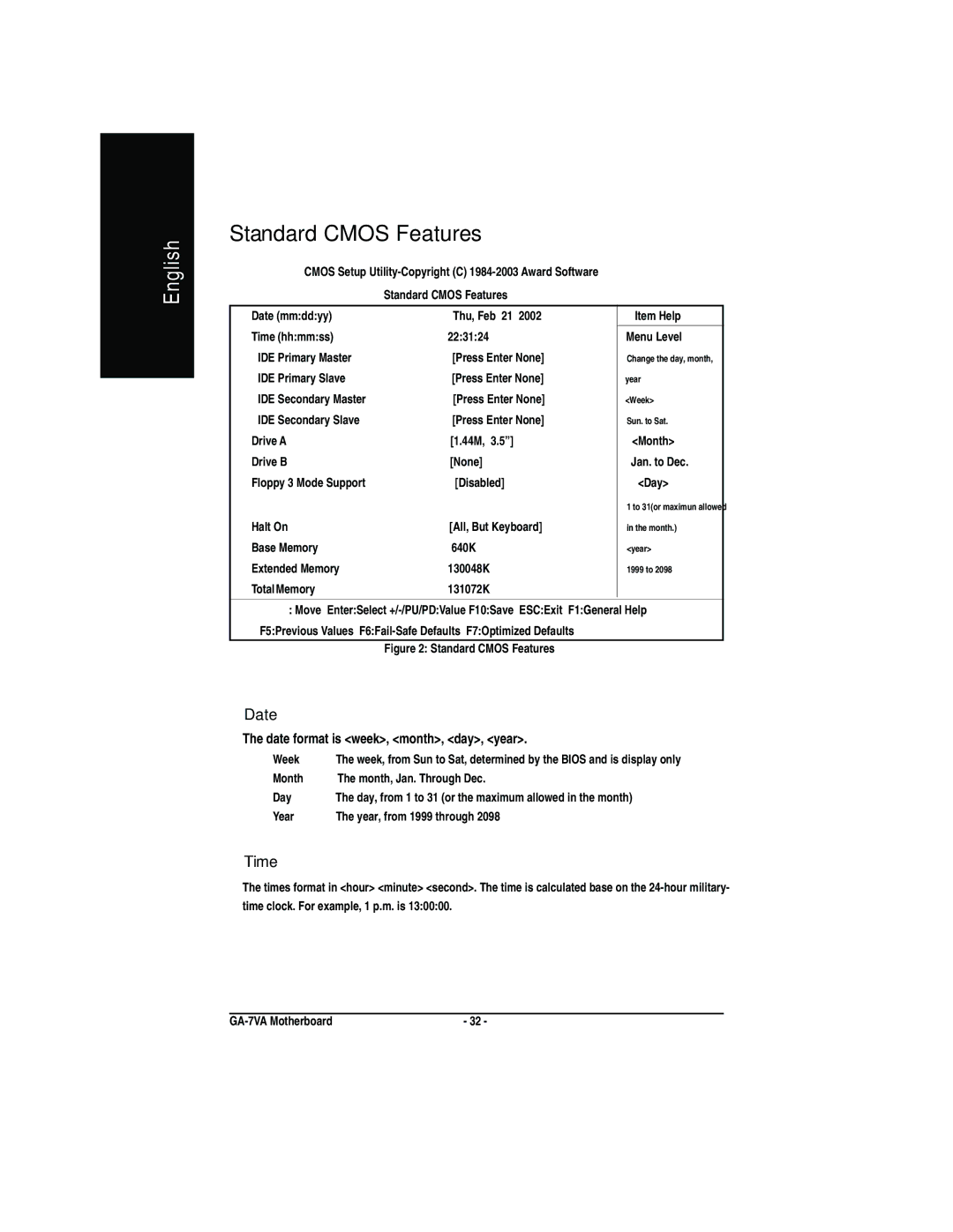 Gigabyte GA-7VA manual Standard Cmos Features, FDate, FTime, Date format is week, month, day, year 