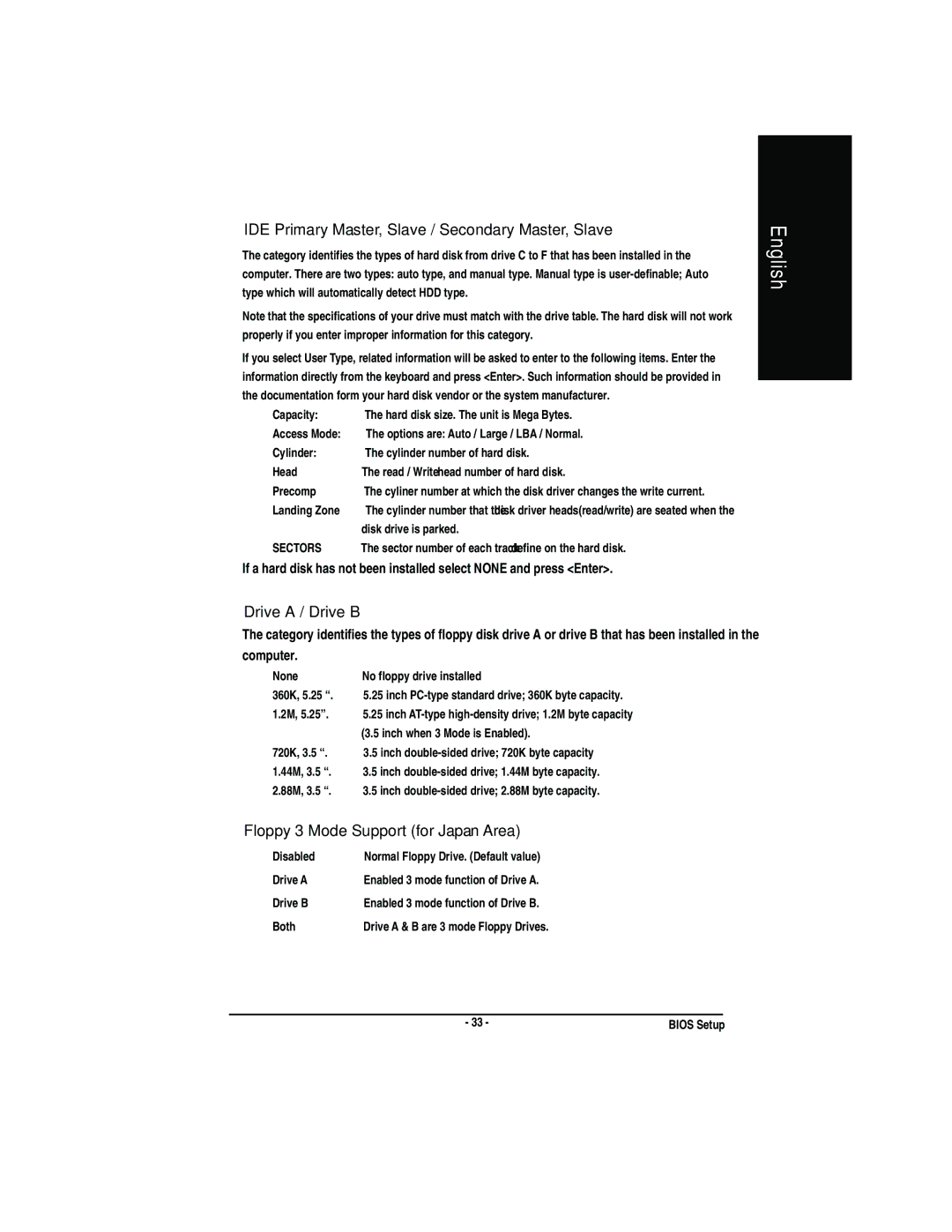 Gigabyte GA-7VA manual Fide Primary Master, Slave / Secondary Master, Slave, FDrive a / Drive B 