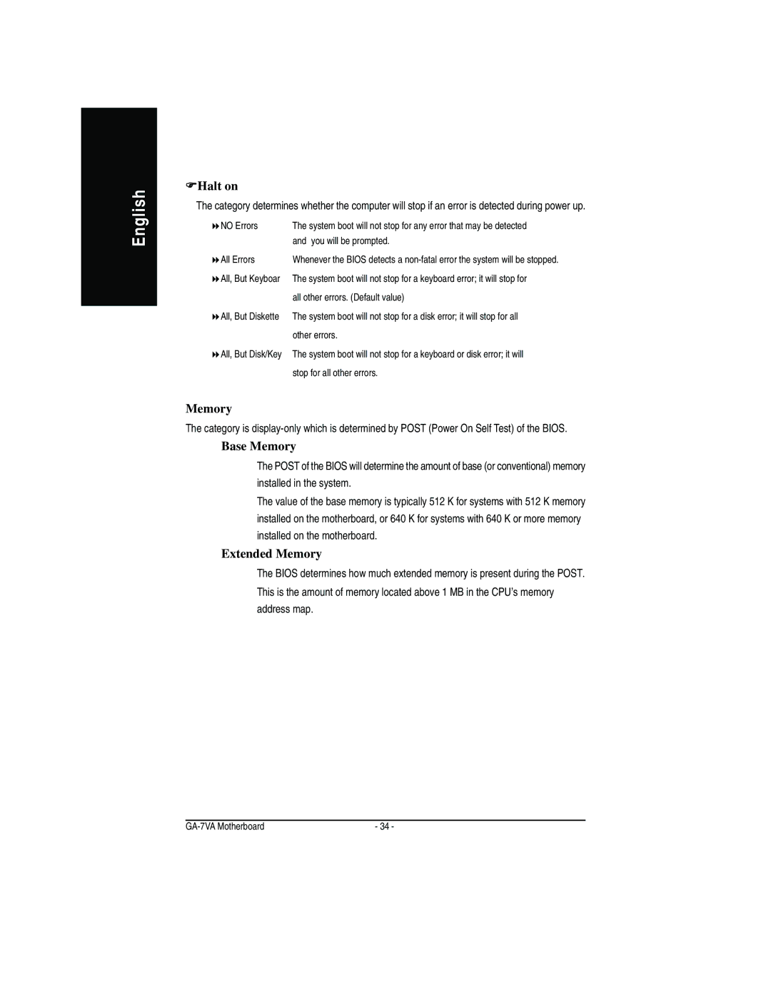 Gigabyte GA-7VA manual FHalt on, Base Memory, Extended Memory 