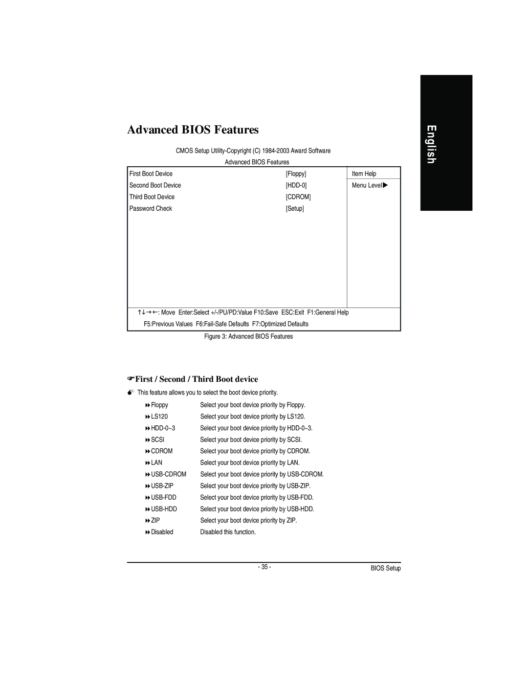 Gigabyte GA-7VA manual Advanced Bios Features, FFirst / Second / Third Boot device 