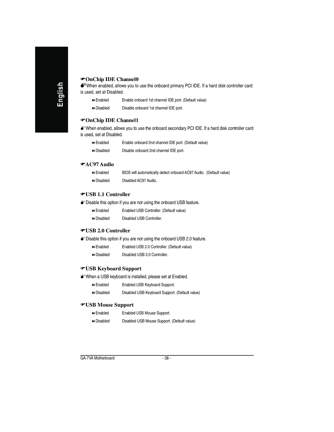 Gigabyte GA-7VA manual FOnChip IDE Channel0, FOnChip IDE Channel1, FAC97 Audio, Fusb 1.1 Controller, Fusb 2.0 Controller 