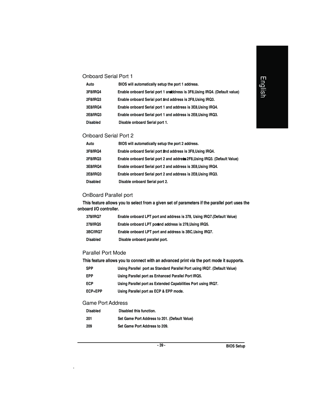 Gigabyte GA-7VA manual FOnboard Serial Port, FOnBoard Parallel port, FParallel Port Mode, FGame Port Address 