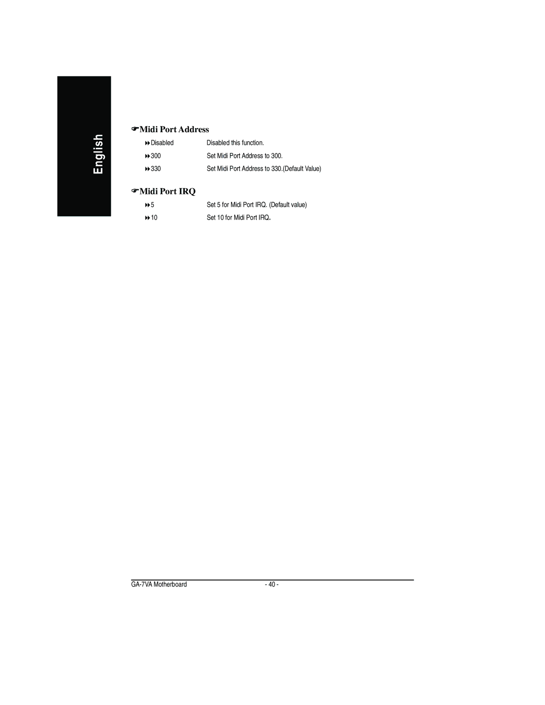 Gigabyte GA-7VA manual FMidi Port Address, FMidi Port IRQ 