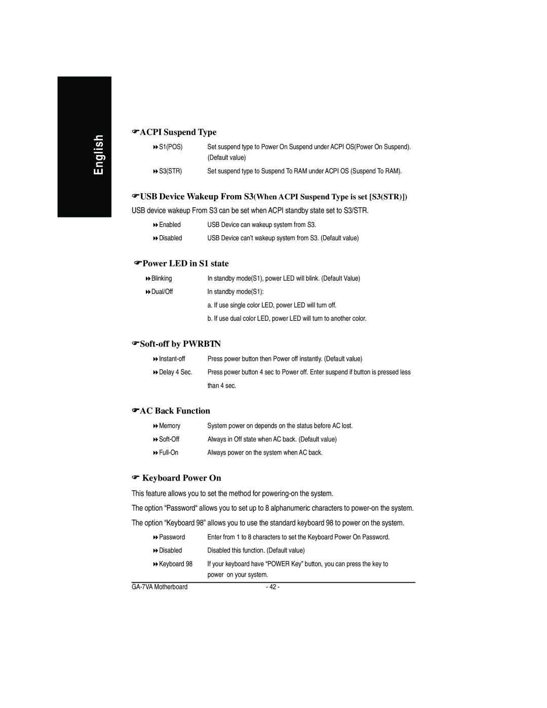 Gigabyte GA-7VA Facpi Suspend Type, FPower LED in S1 state, FSoft-off by Pwrbtn, FAC Back Function, Keyboard Power On 