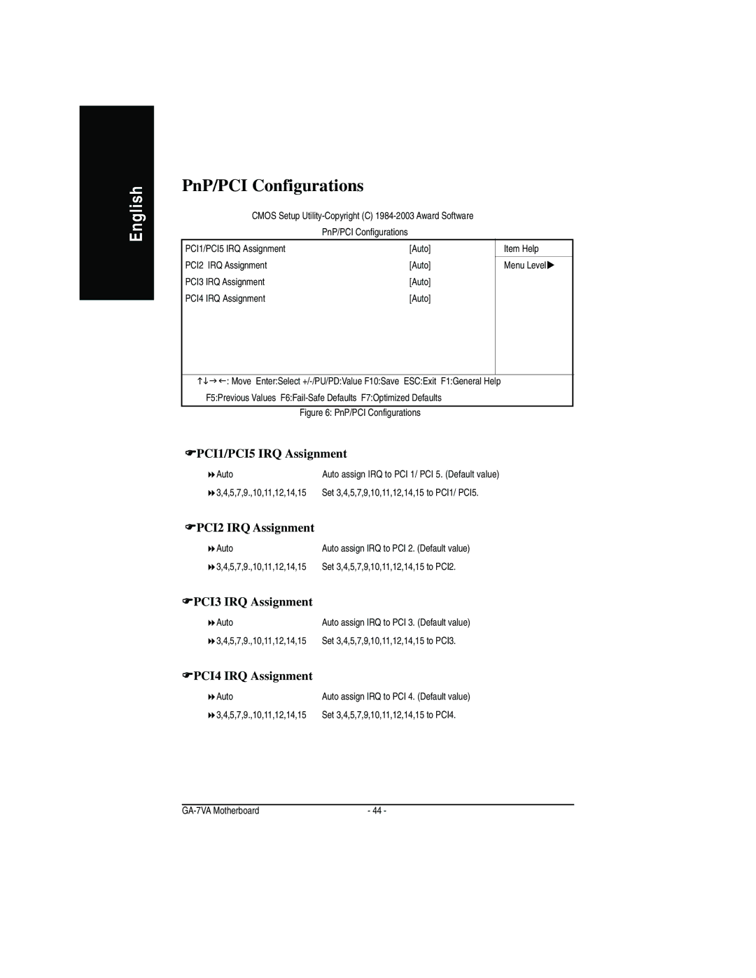 Gigabyte GA-7VA manual PnP/PCI Configurations, FPCI1/PCI5 IRQ Assignment, FPCI2 IRQ Assignment, FPCI3 IRQ Assignment 