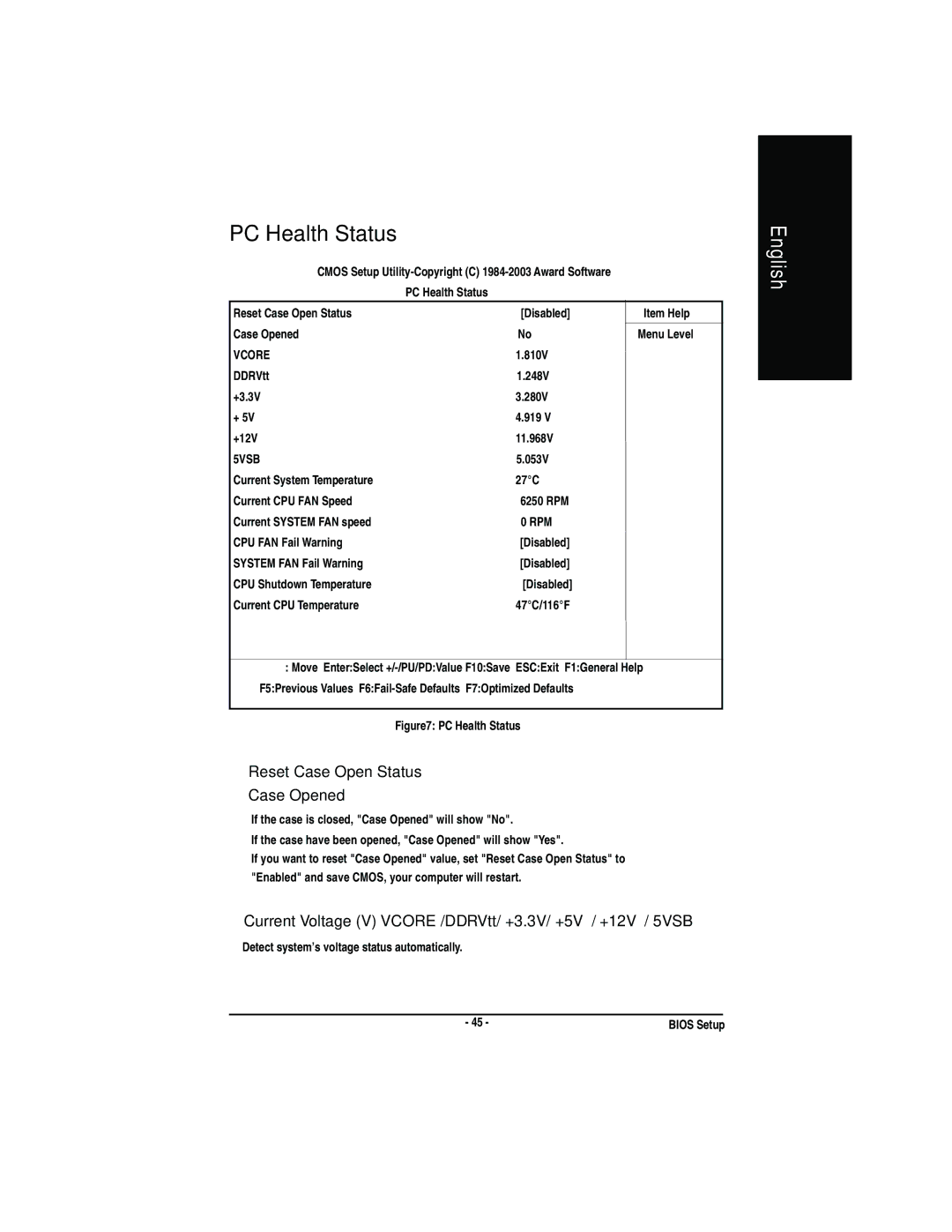 Gigabyte GA-7VA manual PC Health Status, CReset Case Open Status CCase Opened 