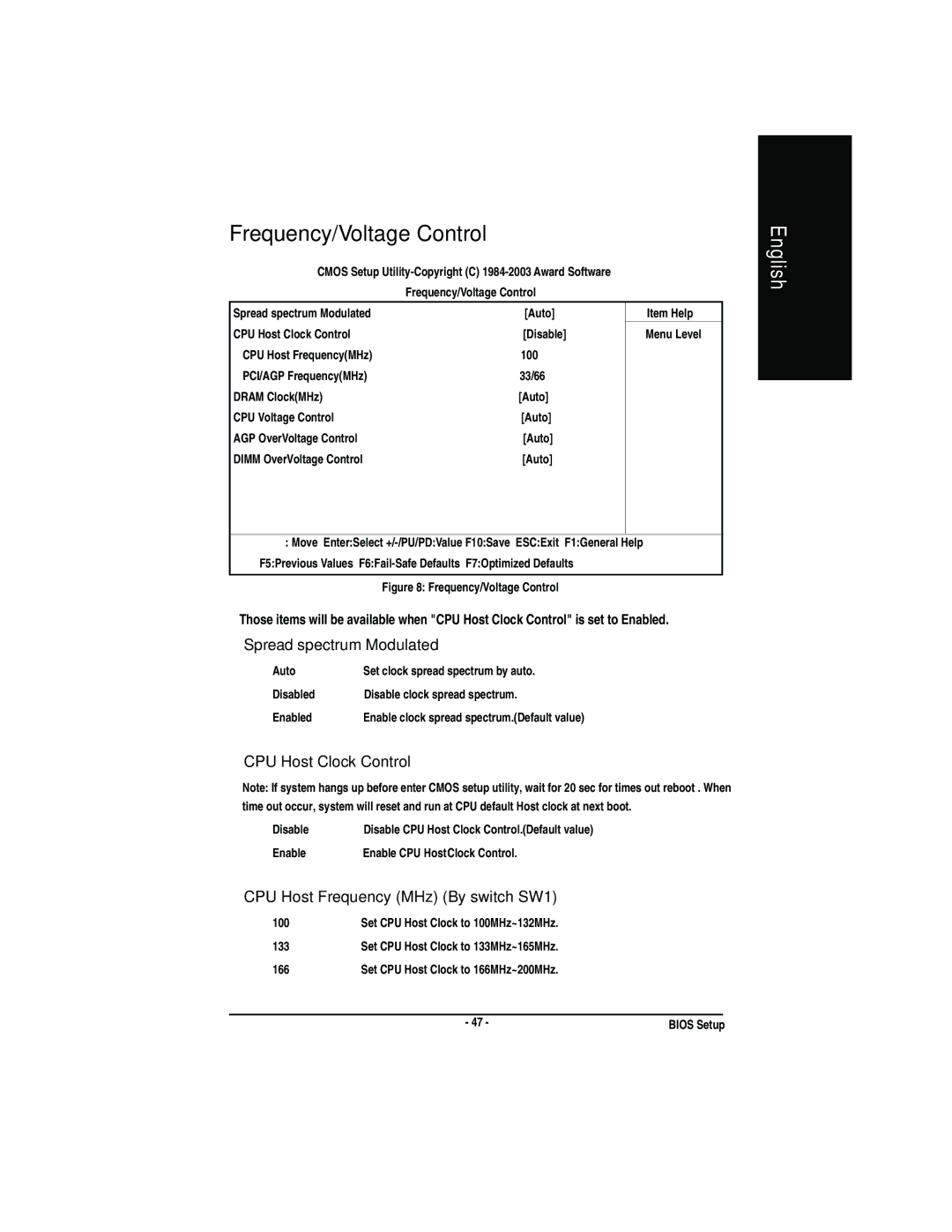 Gigabyte GA-7VA manual Frequency/Voltage Control, FSpread spectrum Modulated, Fcpu Host Clock Control 