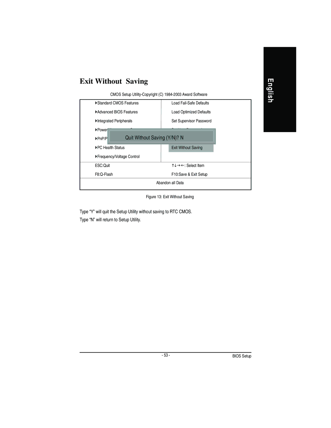 Gigabyte GA-7VA manual Exit Without Saving, Quit Without Saving Y/N? N 