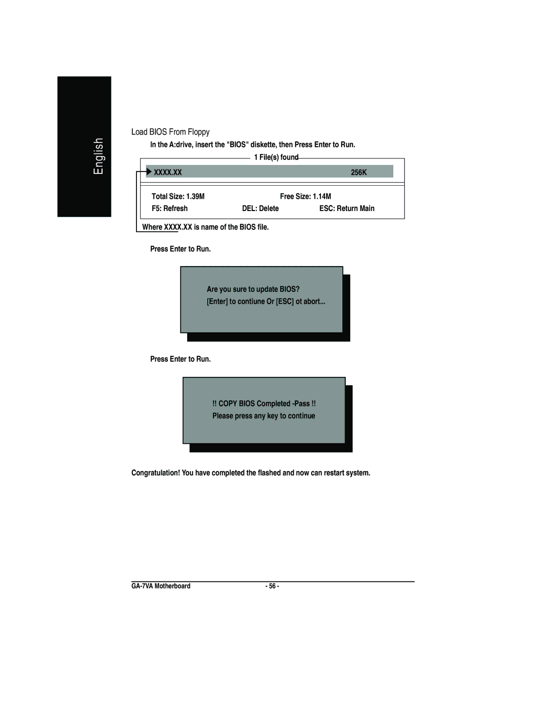 Gigabyte GA-7VA manual Load Bios From Floppy, 256K Total Size 1.39M Free Size 1.14M F5 Refresh 