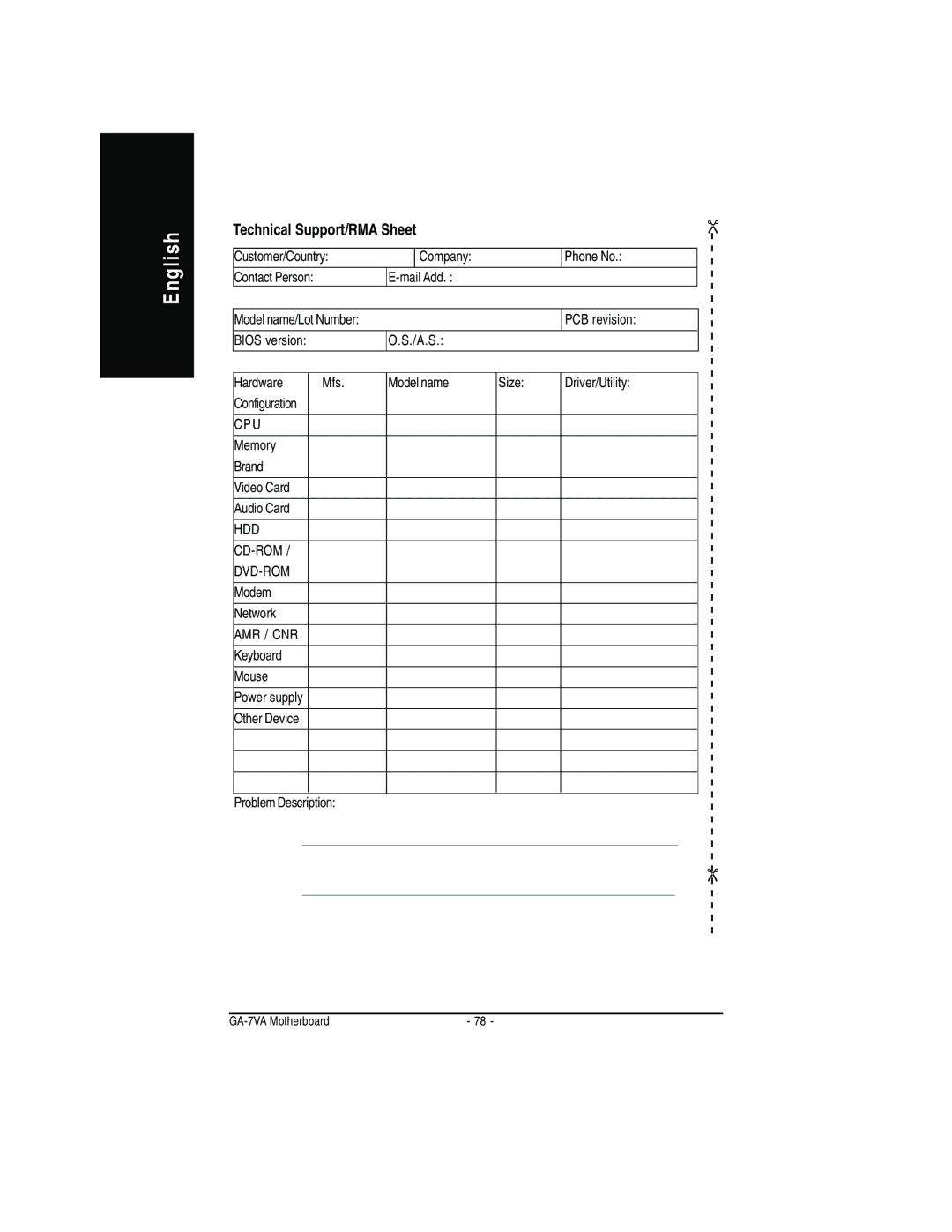 Gigabyte GA-7VA manual Technical Support/RMA Sheet 