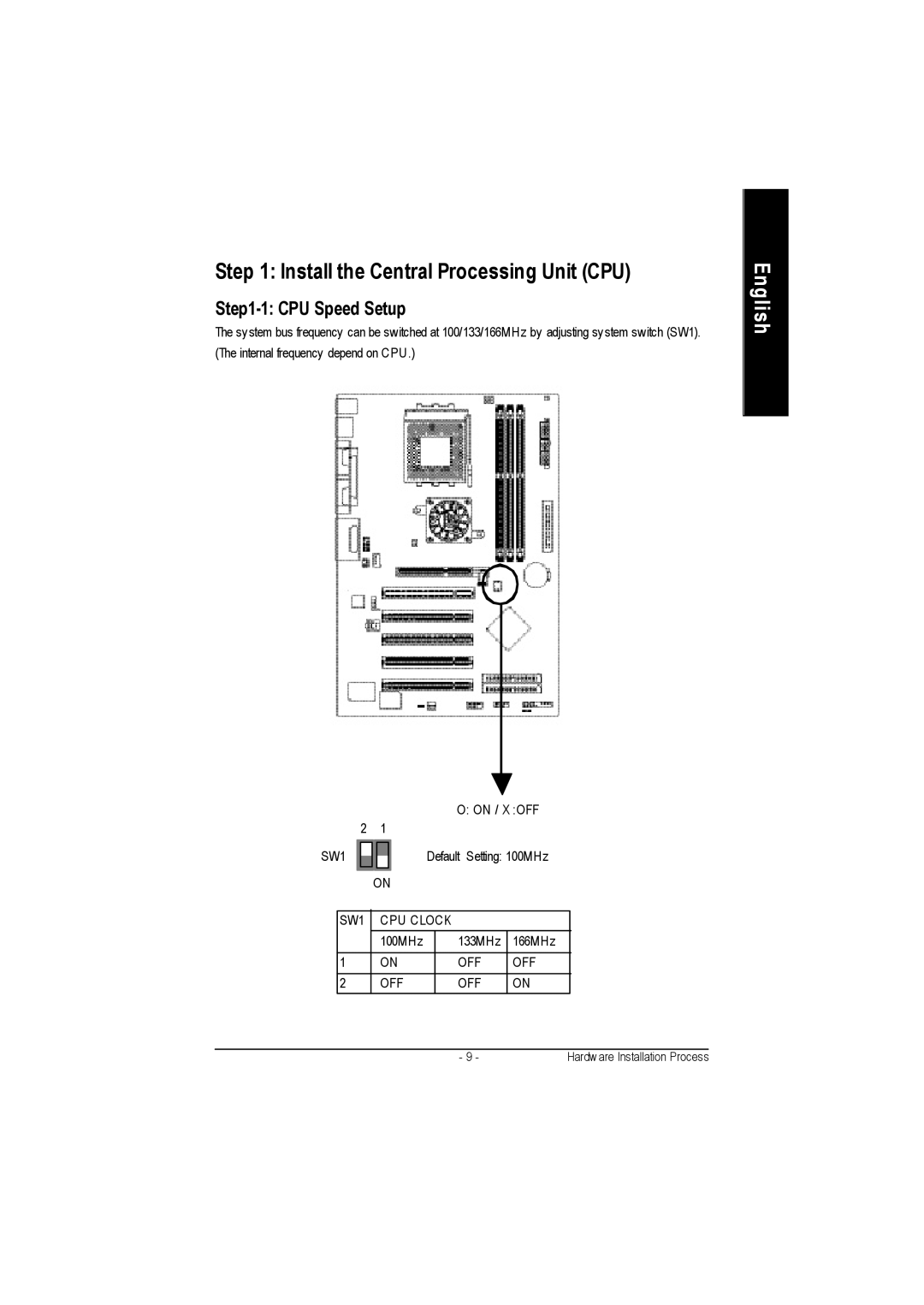 Gigabyte GA-7VA1004 manual SW1 CPU Clock, Off 