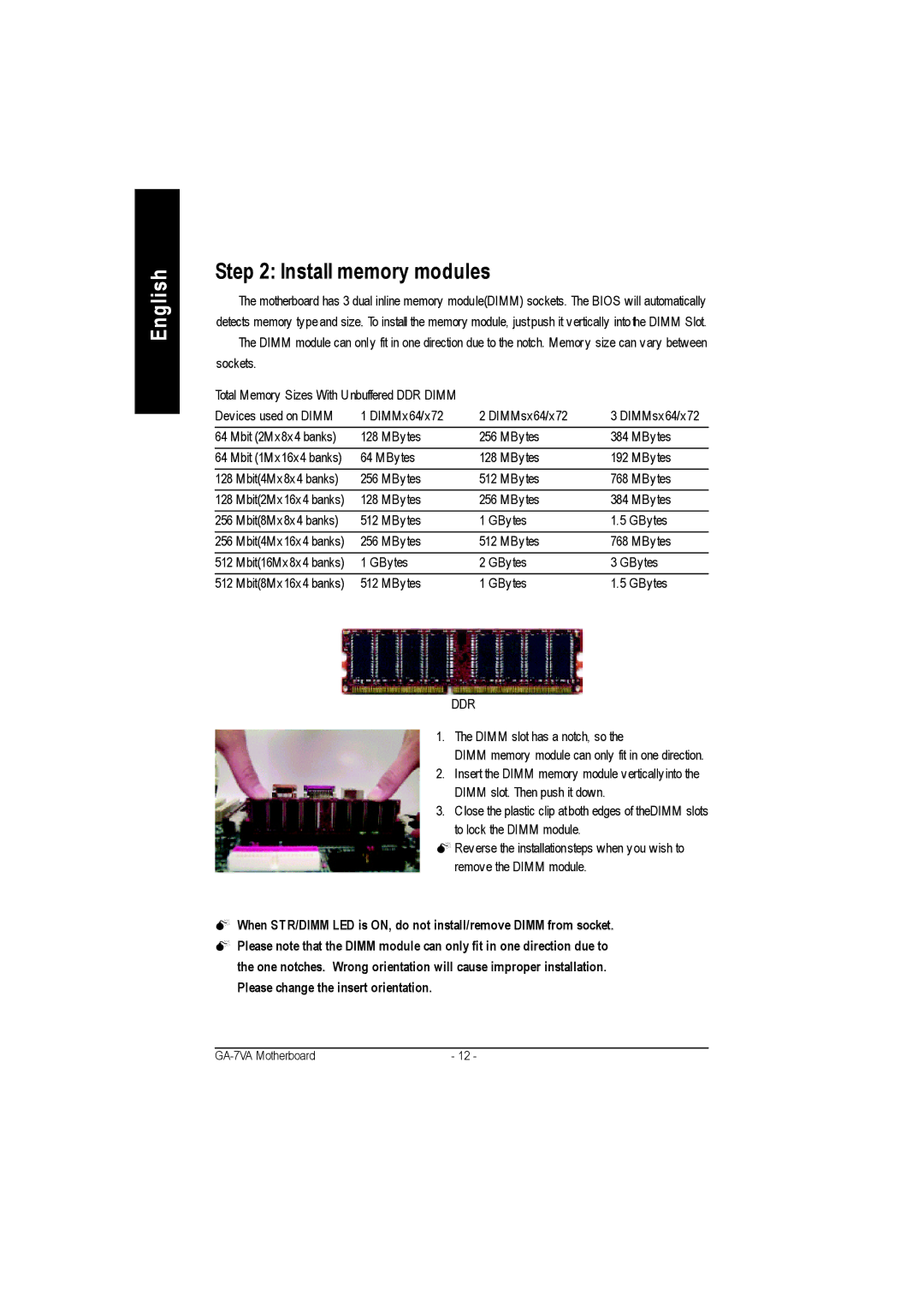 Gigabyte GA-7VA1004 manual Install memory modules, Ddr 