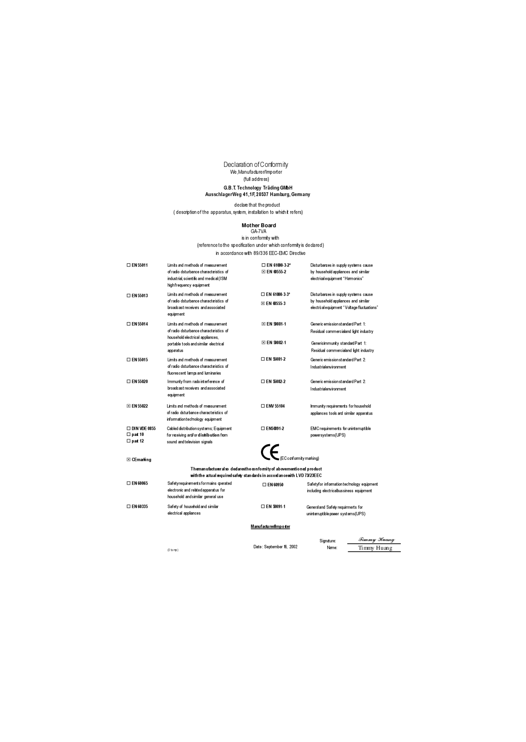 Gigabyte GA-7VA1004 manual Declaration of Conformity 