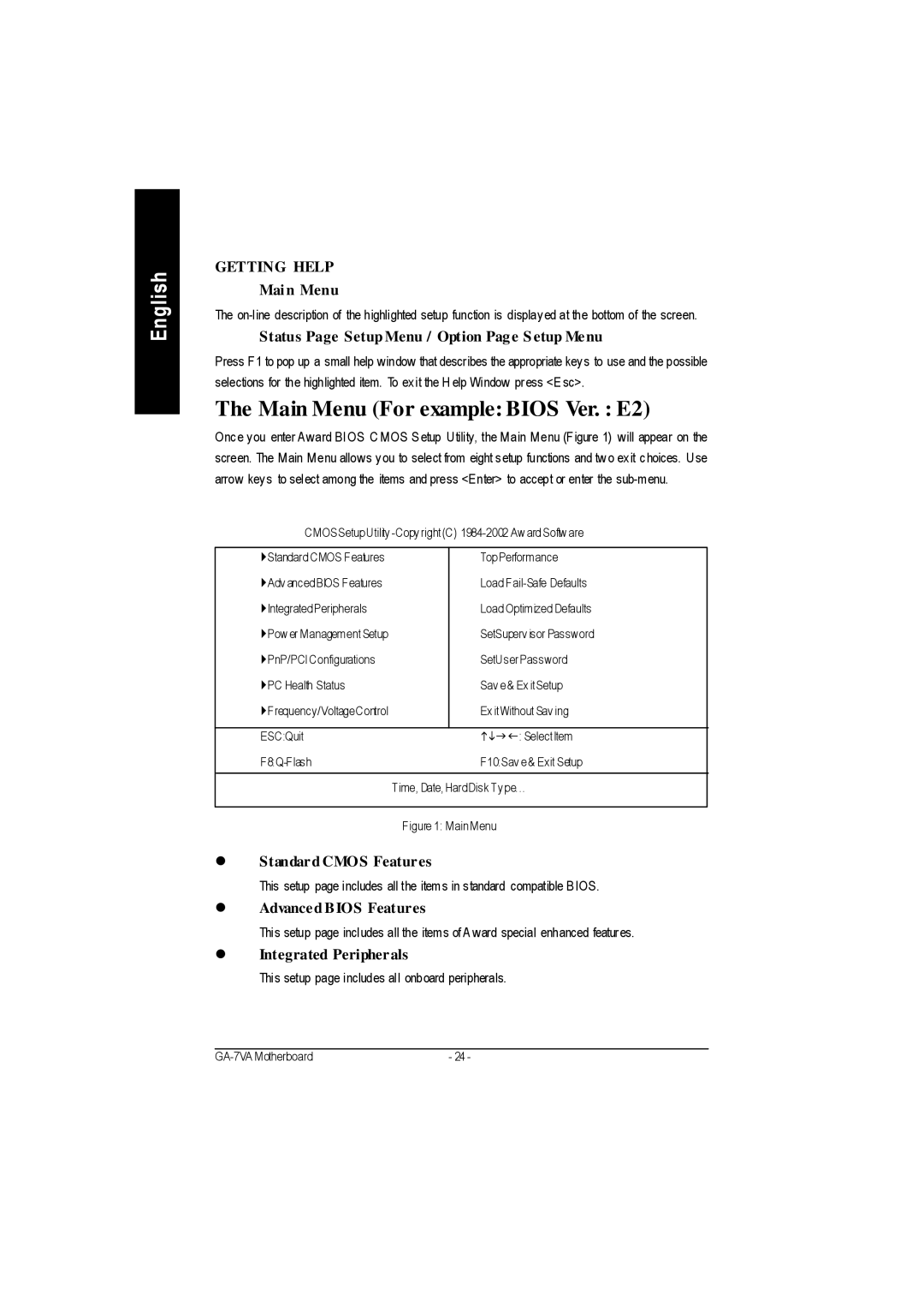 Gigabyte GA-7VA1004 manual Main Menu For example Bios Ver. E2 