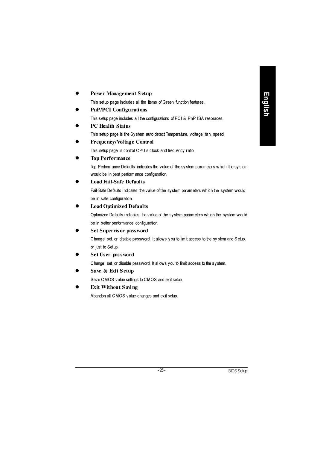 Gigabyte GA-7VA1004 manual Power Management S etup, PnP/PCI Configurations, PC Health Status, Frequency/Voltag e Control 