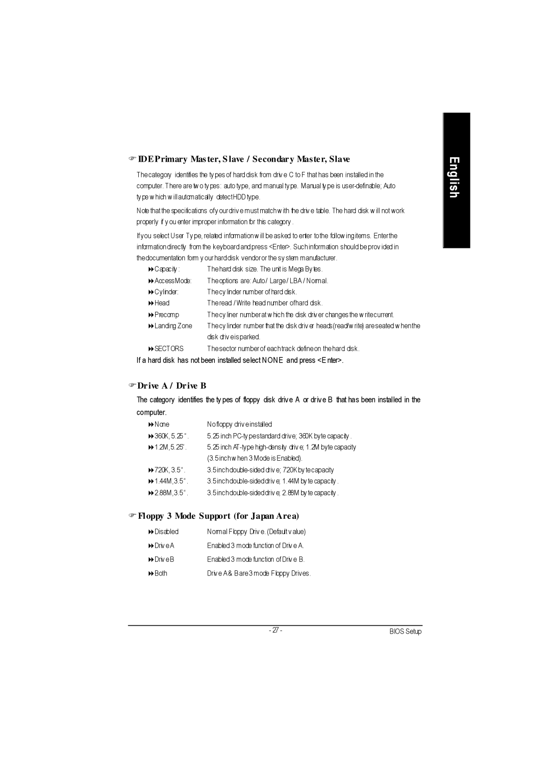 Gigabyte GA-7VA1004 manual IDE Primary Mas ter, S lave / Secondary Master, Slave, FDrive a / Drive B 