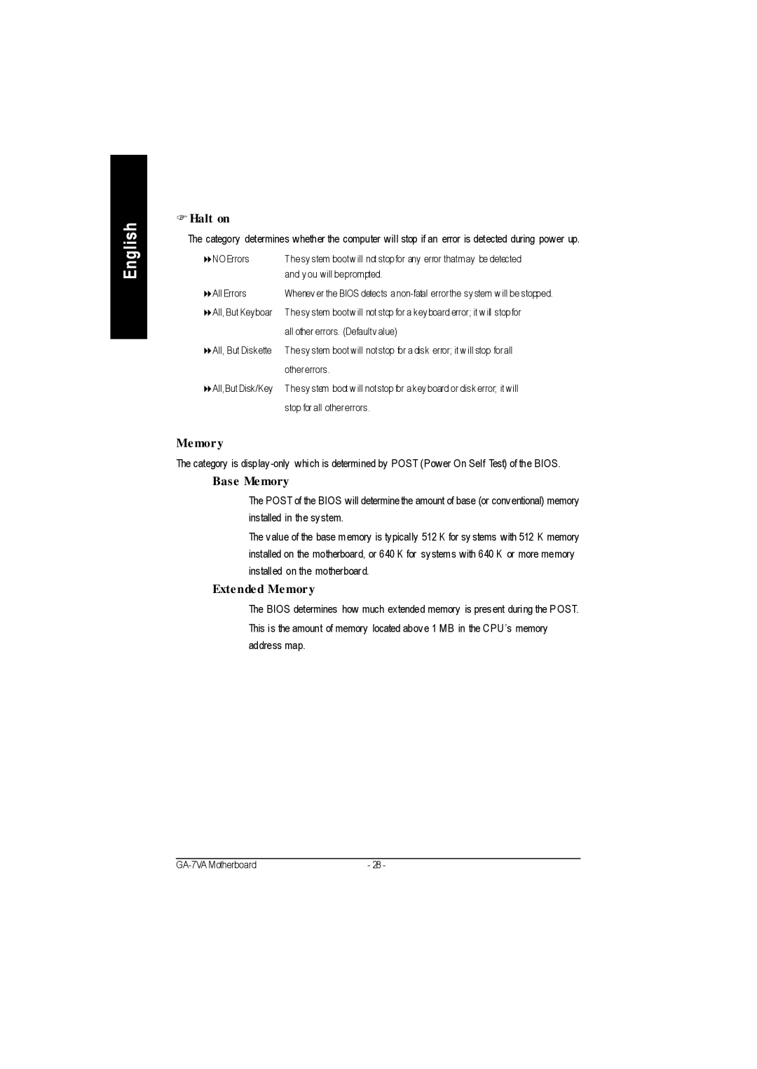 Gigabyte GA-7VA1004 manual Halt on, Base Memory, Extended Memory 