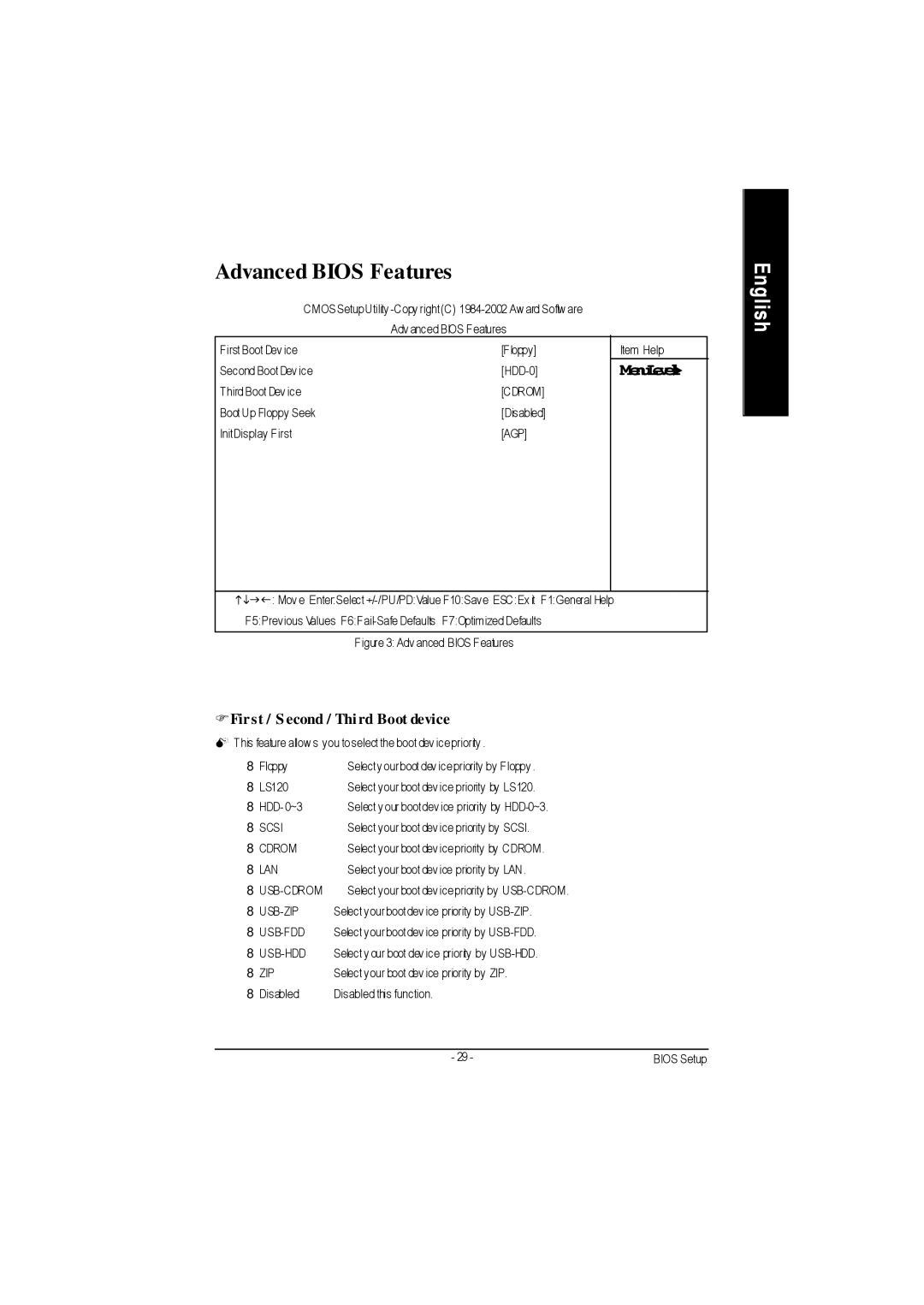 Gigabyte GA-7VA1004 manual Advanced Bios Features, FFirst / S econd / Third Boot device 