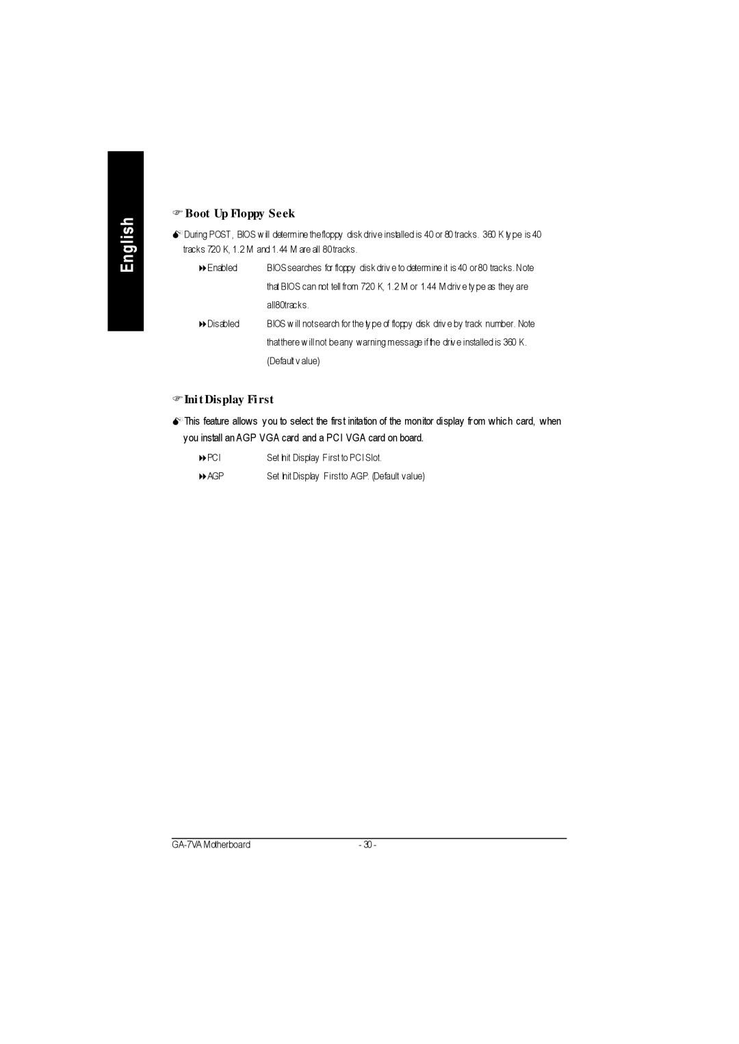 Gigabyte GA-7VA1004 manual Boot Up Floppy Seek, FInit Display First 