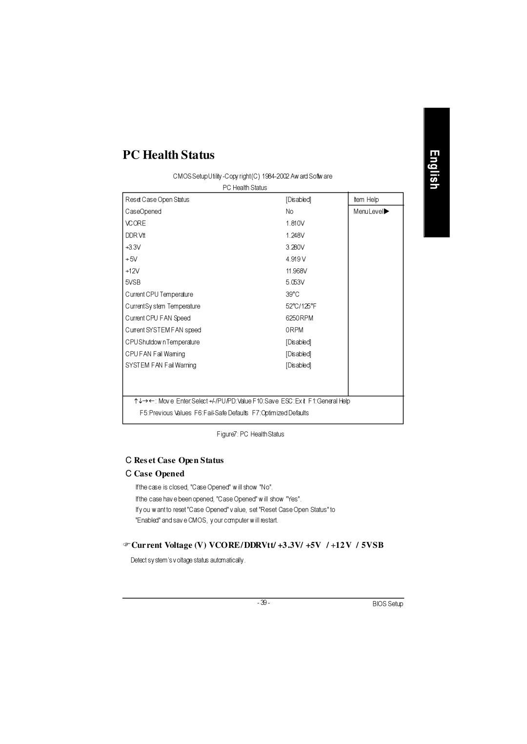 Gigabyte GA-7VA1004 manual PC Health Status, CRes et Case Open Status CCase Opened 