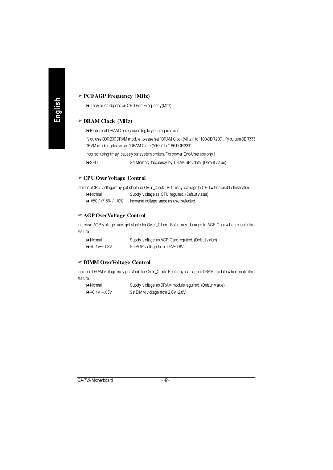 Gigabyte GA-7VA1004 manual PCI/AGP Frequency MHz, Dram Clock MHz, CPU OverVoltage Control, AGP OverVoltage Control 