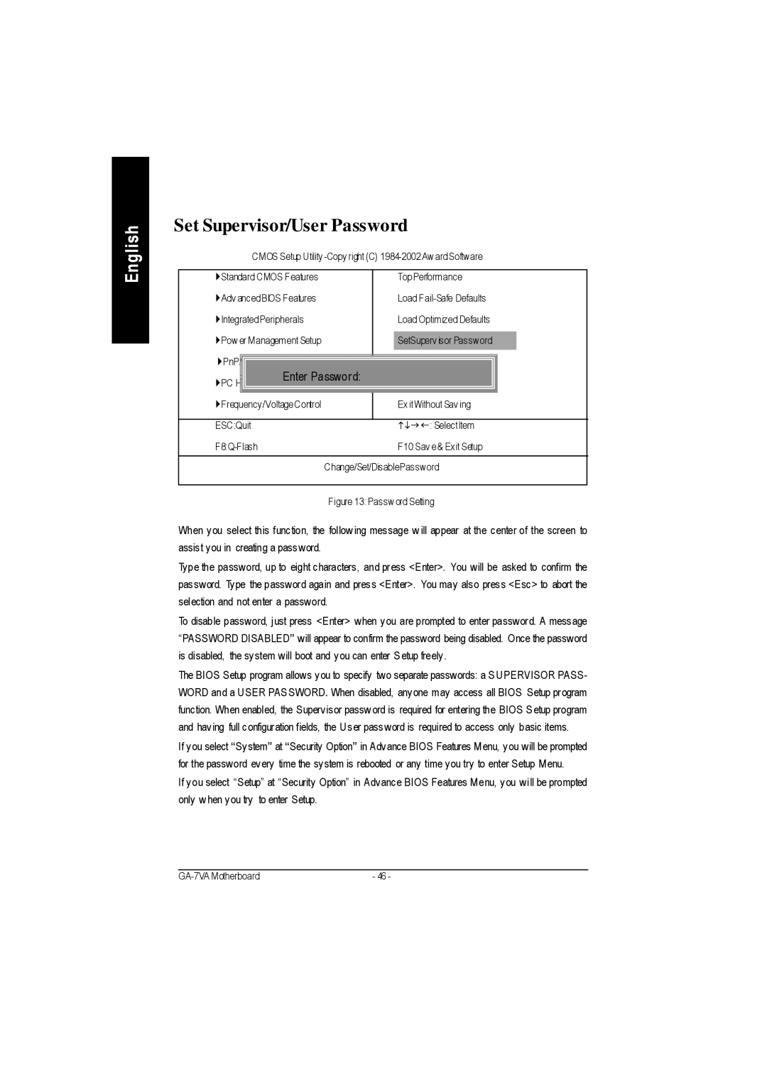 Gigabyte GA-7VA1004 manual Set Supervisor/User Password, Enter Password 