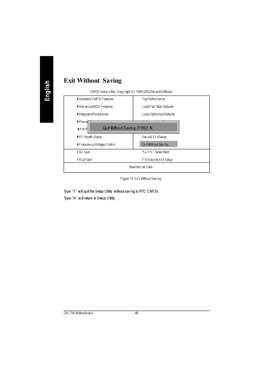 Gigabyte GA-7VA1004 manual Exit Without Saving, Quit Without Saving Y/N? N 