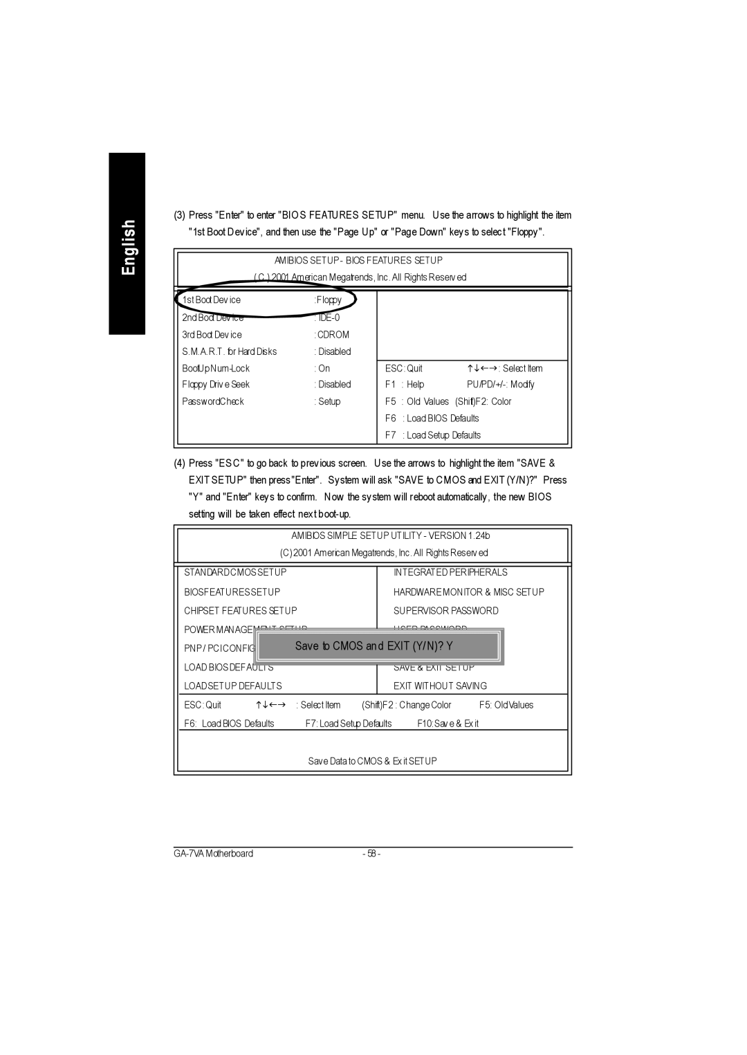 Gigabyte GA-7VA1004 manual Amibios Setup Bios Features Setup 