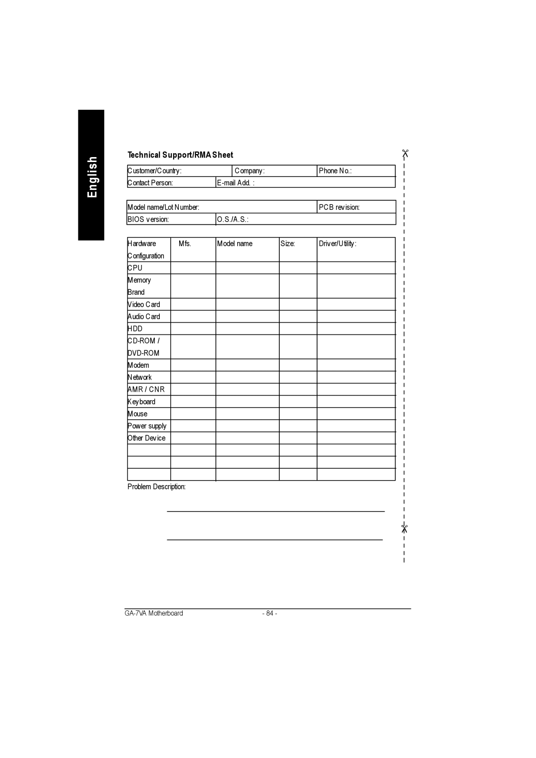 Gigabyte GA-7VA1004 manual Technical Support/RMA Sheet, Hdd Cd-Rom Dvd-Rom, Amr / Cnr 