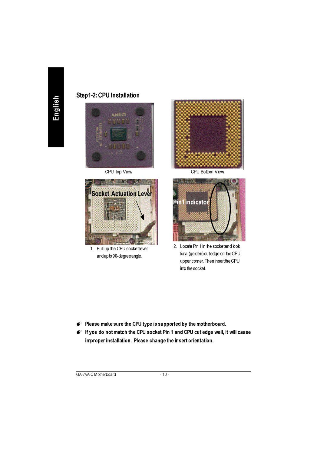 Gigabyte GA-7VAC manual Pin1 indicator 