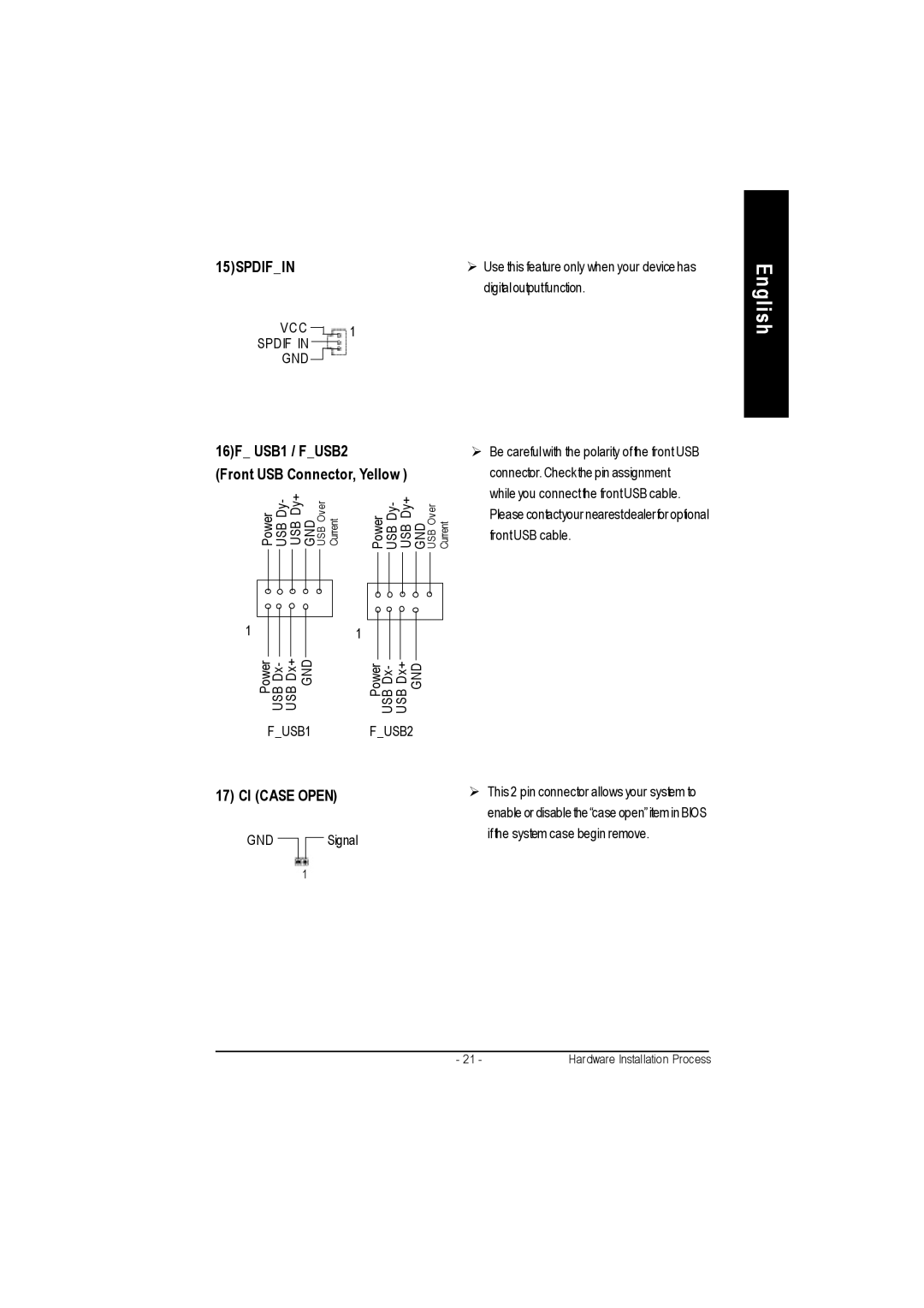 Gigabyte GA-7VAC manual 16F USB1 / FUSB2 Front USB Connector, Yellow, VC C Spdif GND, FUSB1 FUSB2 