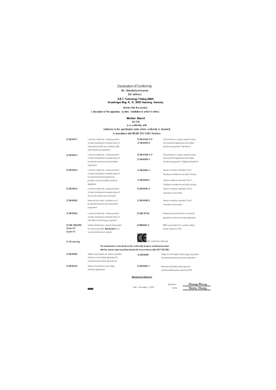 Gigabyte GA-7VAC manual Declaration of Conformity 