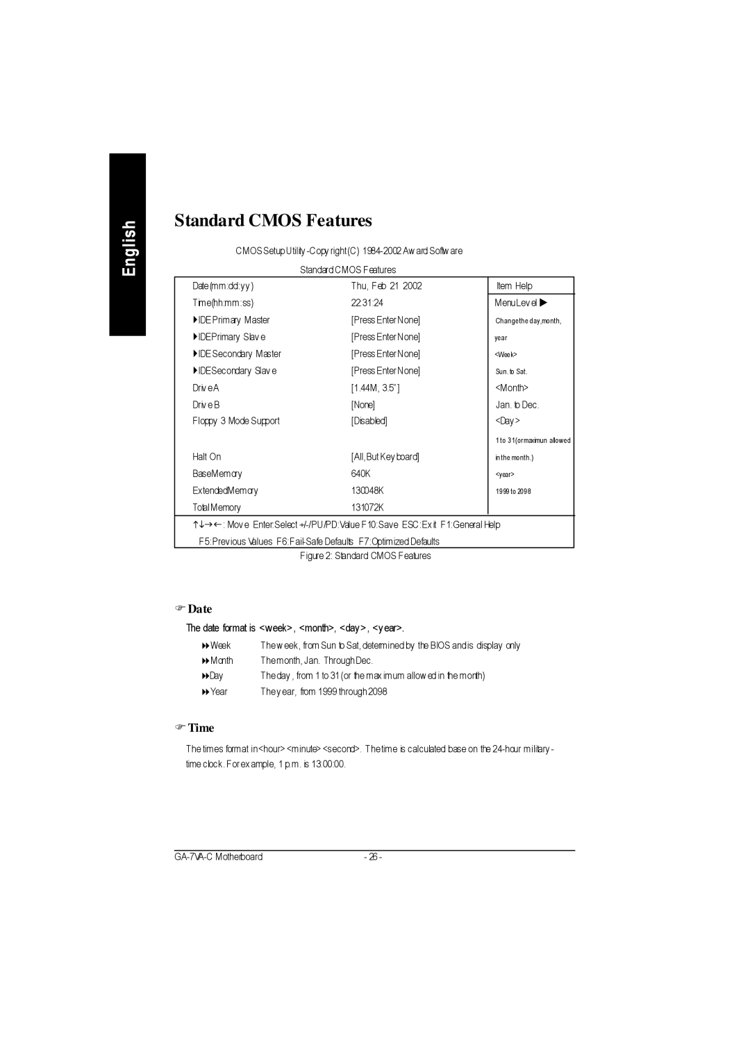 Gigabyte GA-7VAC manual Standard Cmos Features, Date, Time 