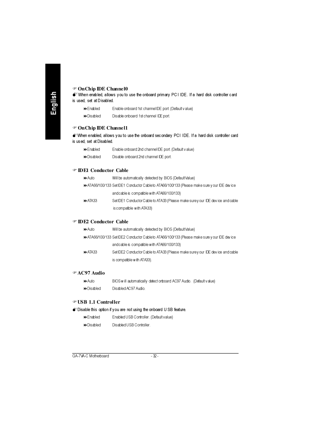 Gigabyte GA-7VAC manual OnChip IDE Channel0, OnChip IDE Channel1, IDE1 Conductor Cable, IDE2 Conductor Cable, FAC97 Audio 