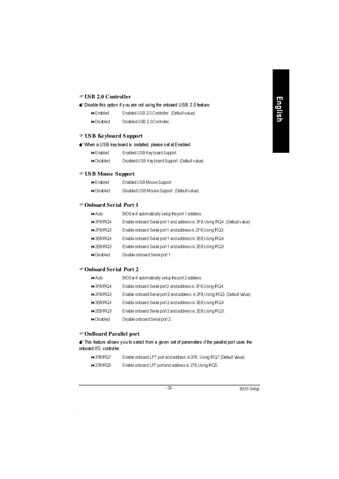 Gigabyte GA-7VAC manual Fusb 2.0 Controller, US B Keyboard S upport, US B Mouse Support, FOnboard Serial Port 