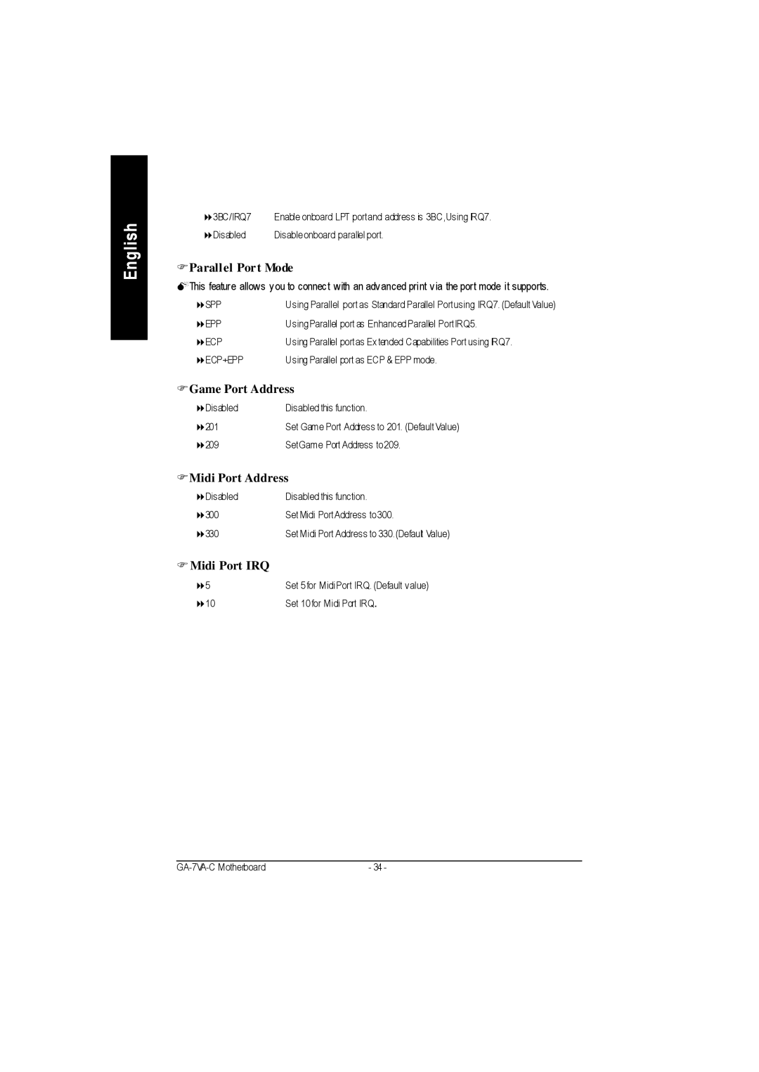 Gigabyte GA-7VAC manual FParallel Port Mode, FGame Port Address, FMidi Port Address, Midi Port IRQ 