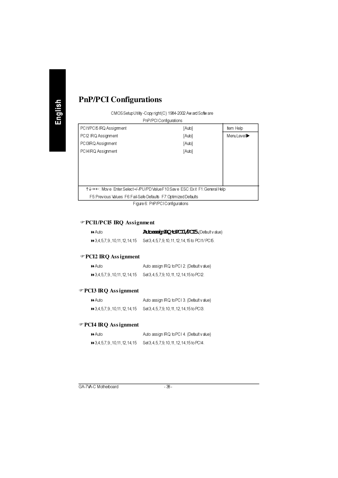 Gigabyte GA-7VAC manual PnP/PCI Configurations, FPCI1/PCI5 IRQ Assignment, FPCI2 IRQ Ass ignment, FPCI3 IRQ Ass ignment 