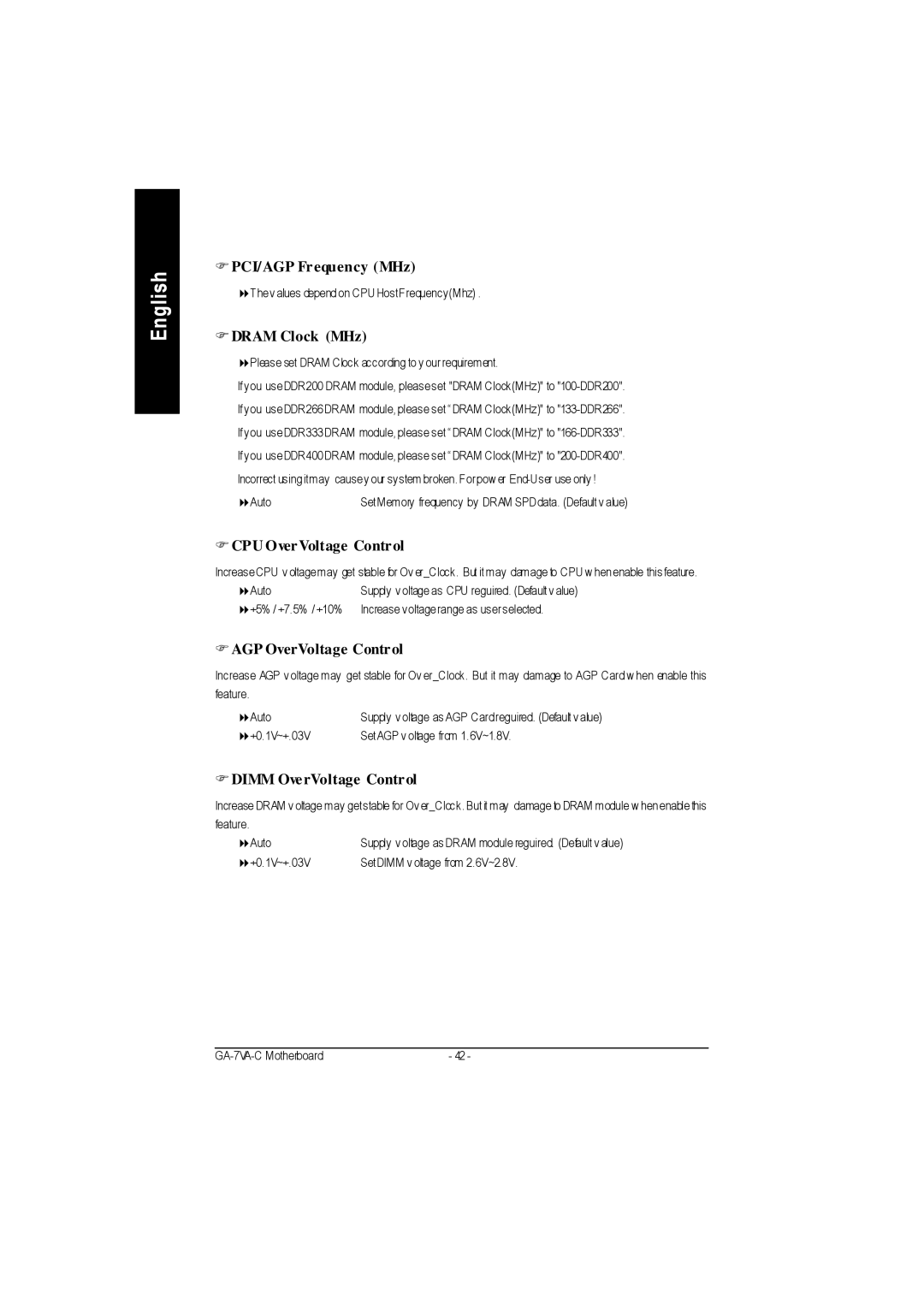 Gigabyte GA-7VAC manual PCI/AGP Frequency MHz, Dram Clock MHz, CPU OverVoltage Control, AGP OverVoltage Control 