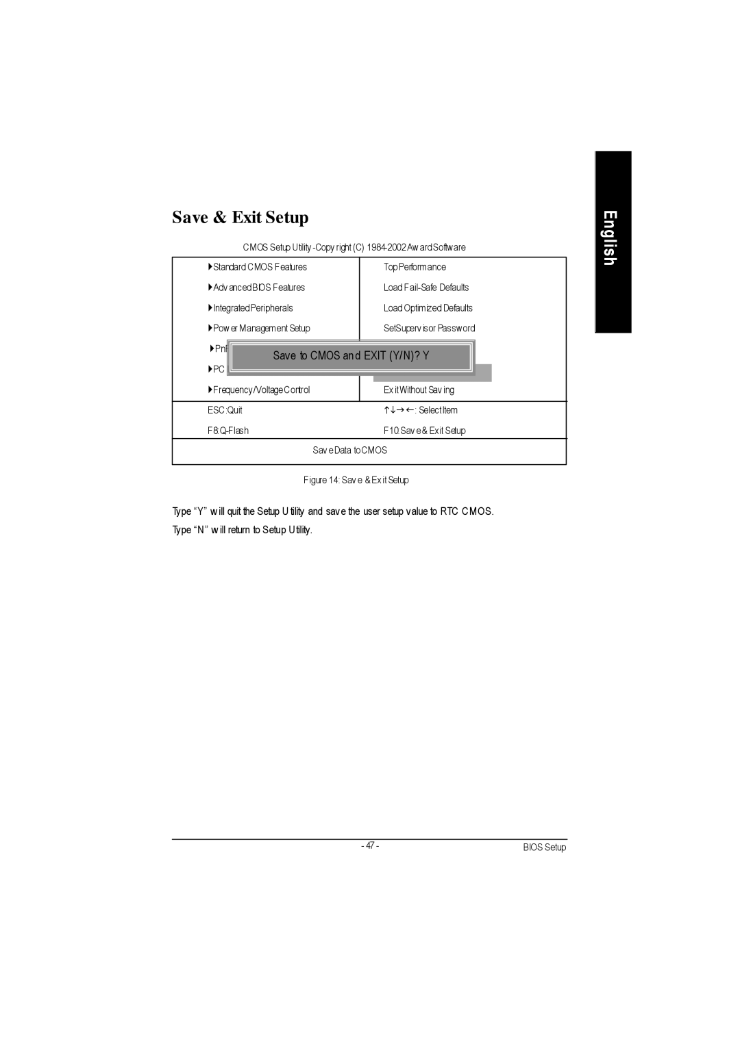 Gigabyte GA-7VAC manual Save & Exit Setup, Save to Cmos and Exit Y/N? Y 