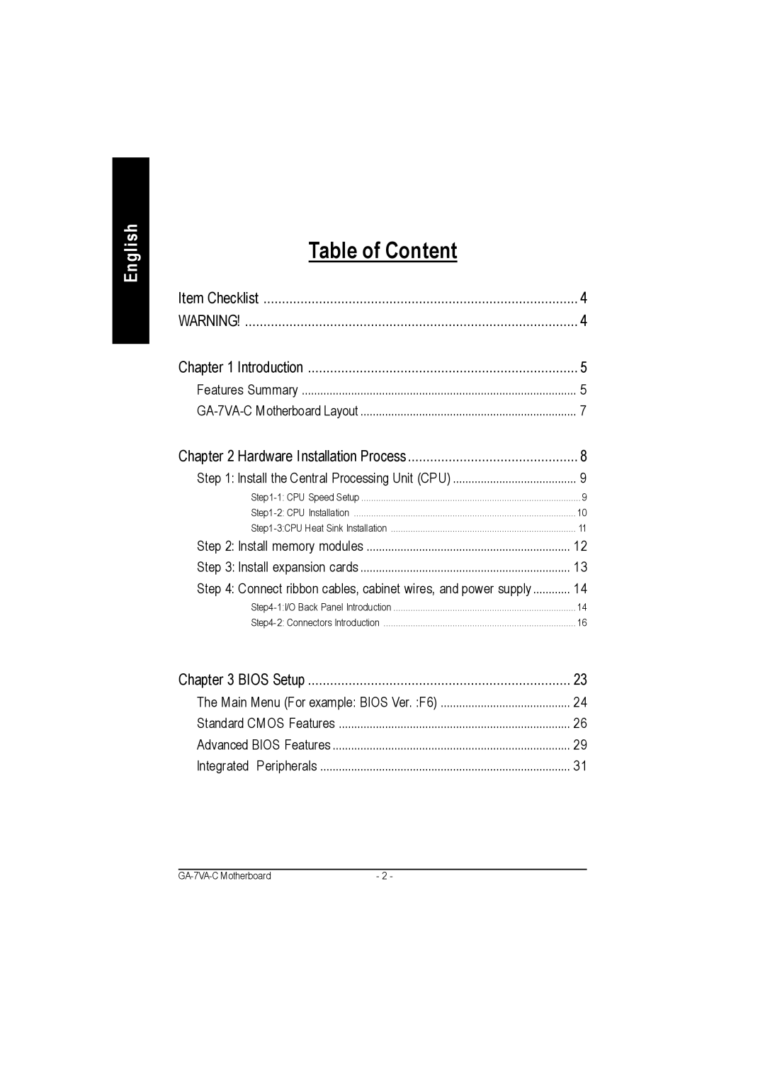 Gigabyte GA-7VAC manual Table of Content 