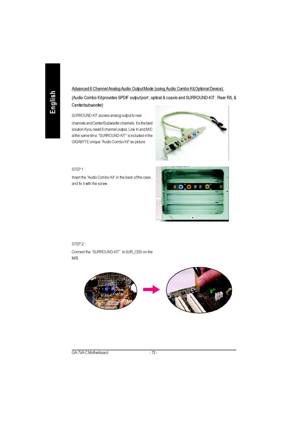 Gigabyte GA-7VAC manual SURROUND-KIT access analog output to rear 