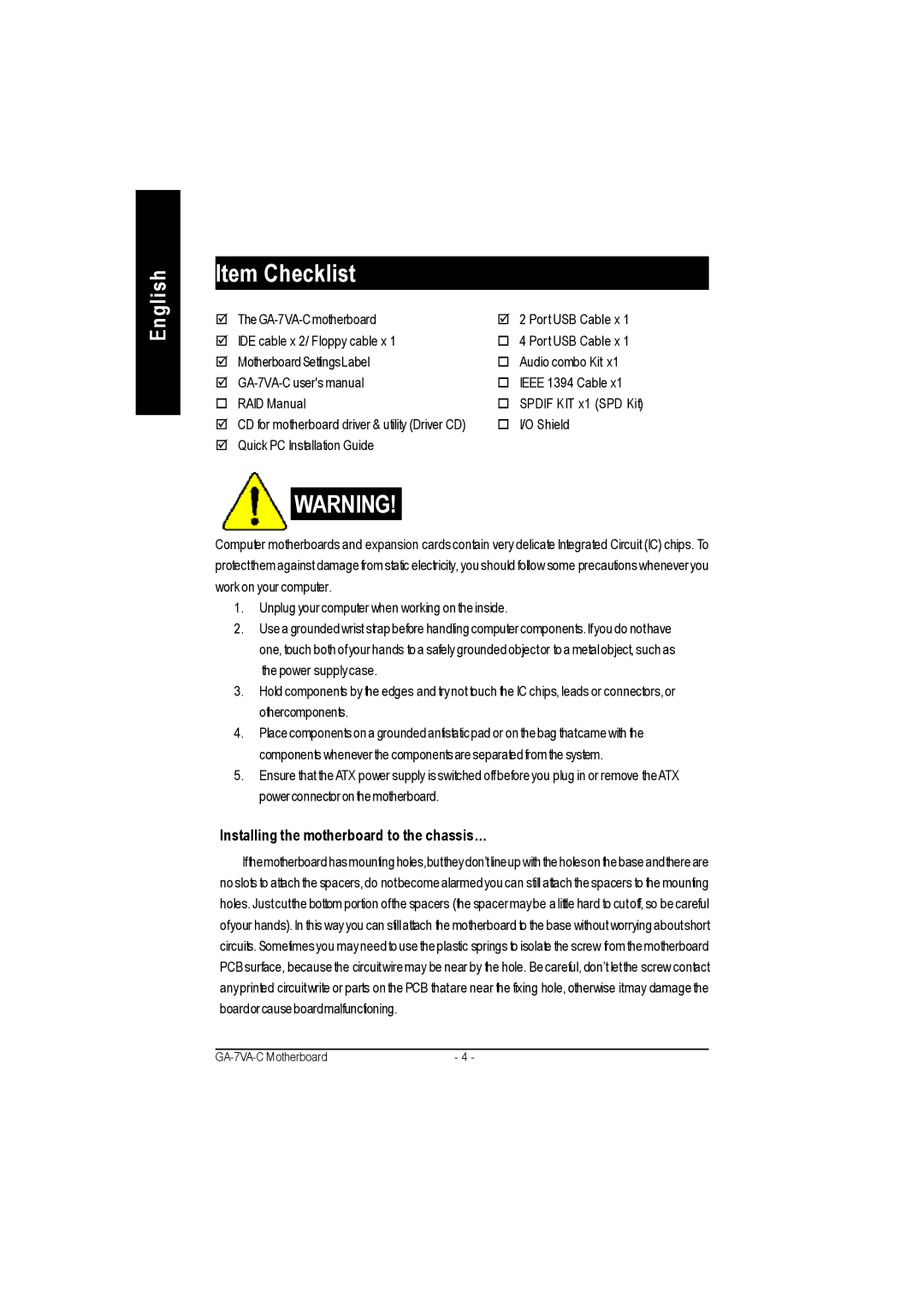 Gigabyte GA-7VAC manual Item Checklist, Installing the motherboard to the chassis… 