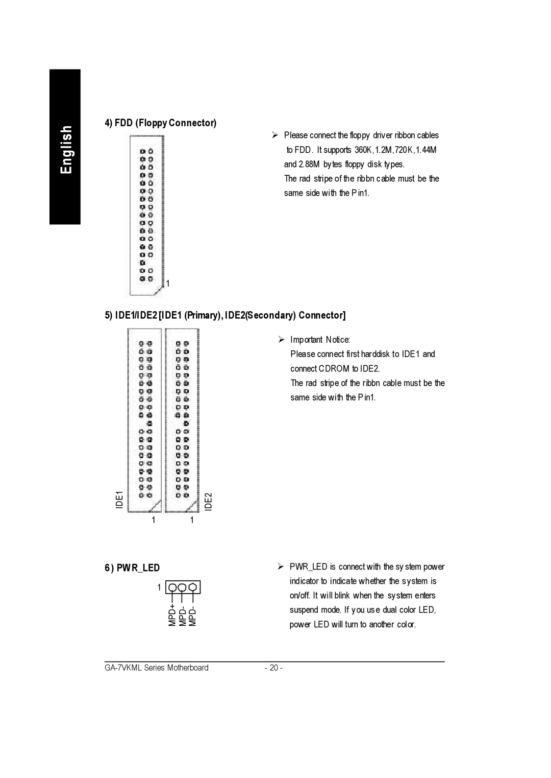 Gigabyte GA-7vkml warranty FDD Floppy Connector, IDE1/IDE2 IDE1 Primary, IDE2Secondary Connector, IDE1 IDE2, Mpd 