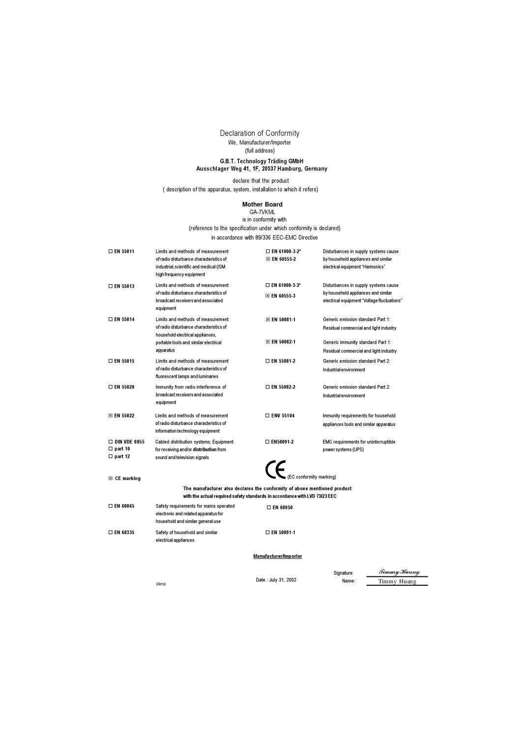 Gigabyte GA-7vkml warranty Declaration of Conformity 