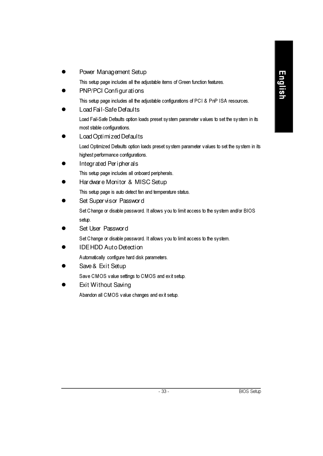 Gigabyte GA-7vkml Power Manag ement Setup, PNP/PCI Configurations, Load Fail-Safe Defaults, Load Optimized Defaults 