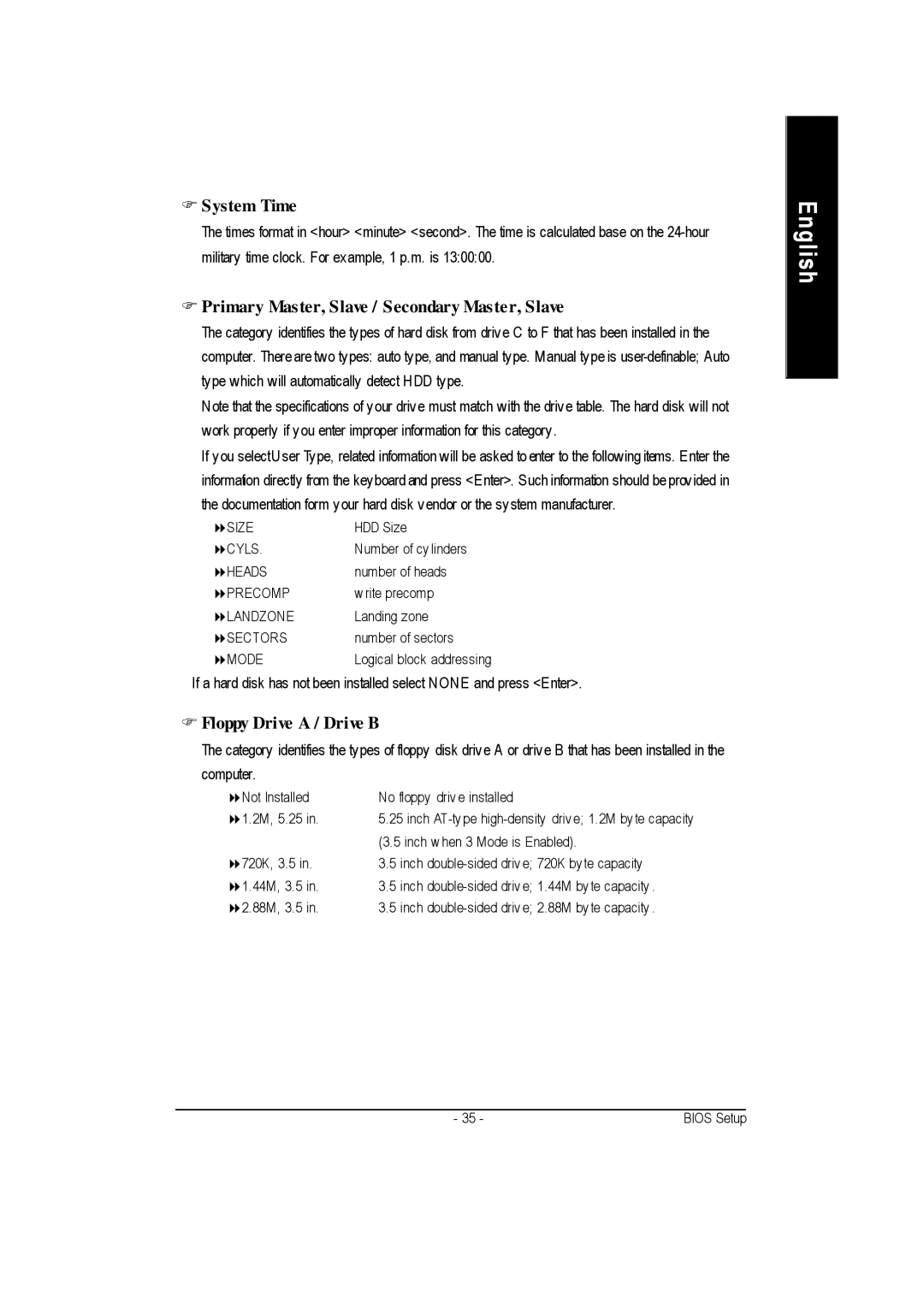 Gigabyte GA-7vkml warranty System Time, Primary Master, Slave / Secondary Master, Slave, Floppy Drive a / Drive B 