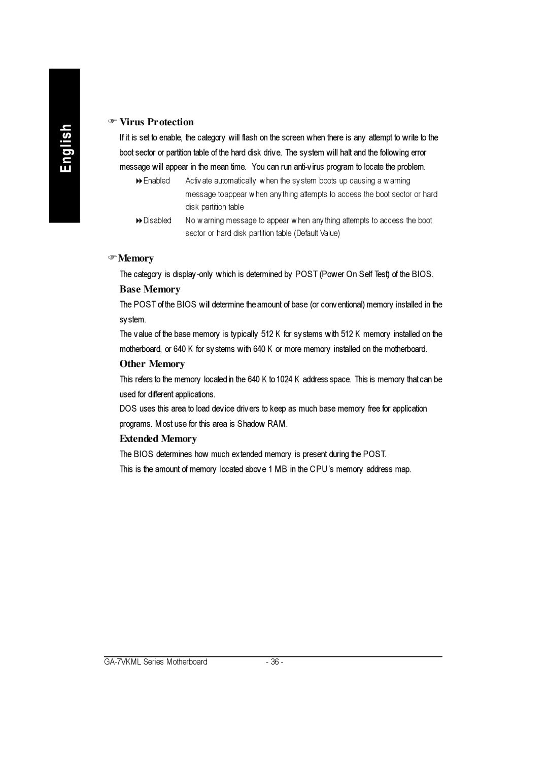 Gigabyte GA-7vkml warranty Virus Protection, FMemory, Base Memory, Other Memory, Extended Memory 