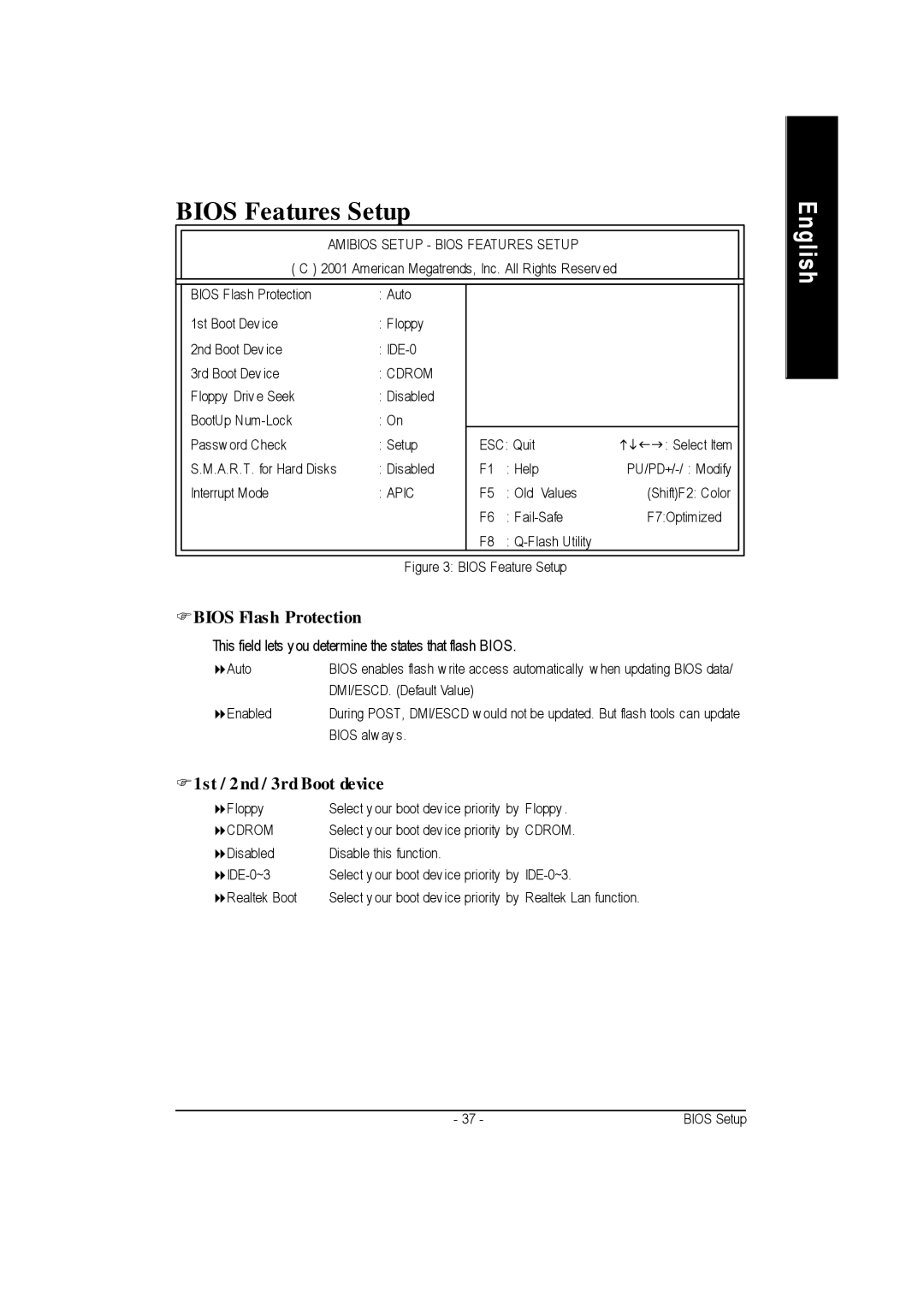 Gigabyte GA-7vkml warranty Bios Features Setup, Fbios Flash Protection, F1st / 2 nd / 3rd Boot device 